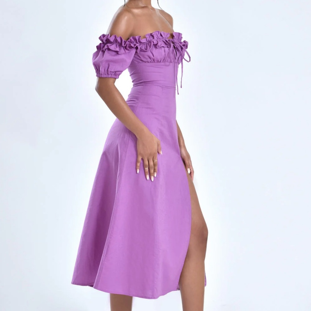 Miss Circle NY: QUINLEY LILAC OFF THE SHOULDER LINEN MIDI DRESS